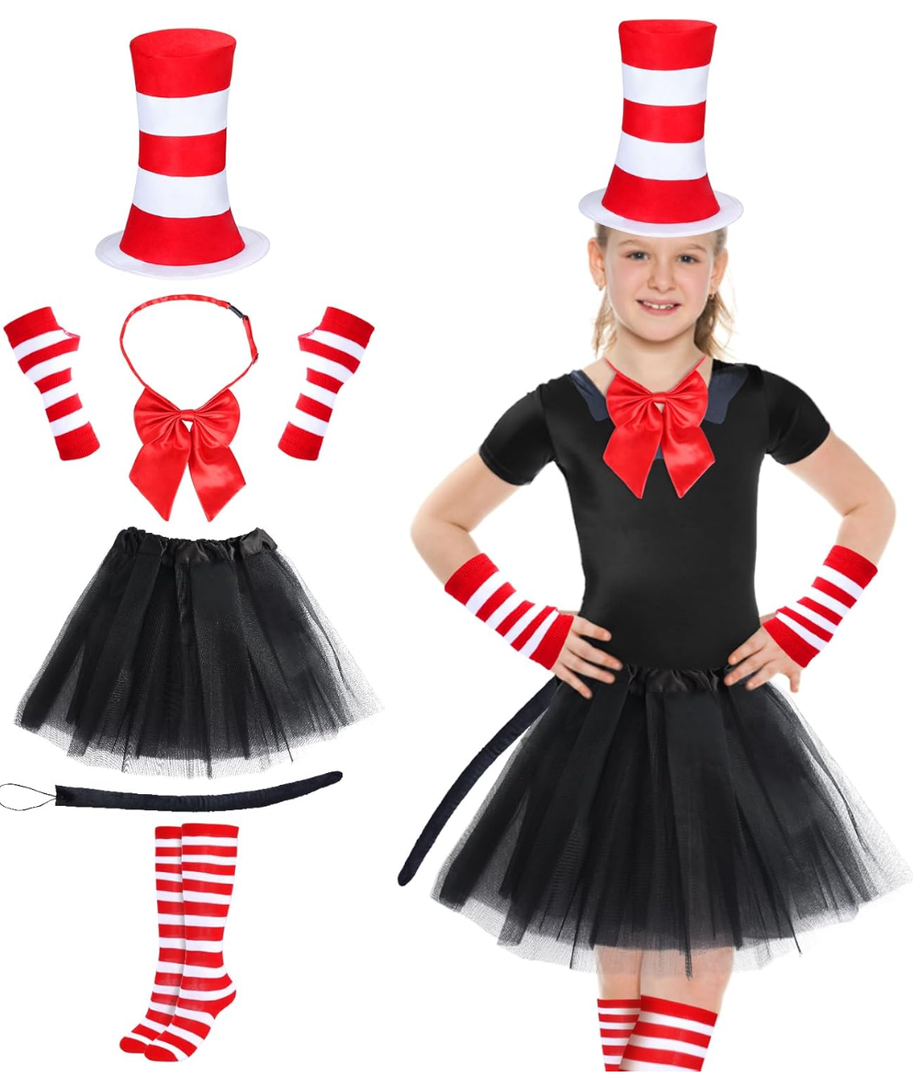 Kyson Cat Costume for Kids Tulle Tutu Skirt Red And White Striped Gloves Bowtie Long Tail For Halloween 100th Days of School