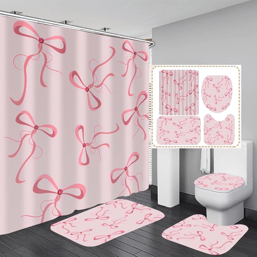 AZHM 4Pcs Pink Bow Shower Curtain Set Cute Bathroom Shower Curtains with 12 Hooks Bow Knot Aesthetic Bathroom Sets with Shower Curtain and Accessories