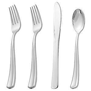 Nervure 300 Pack Silver Plastic Silverware - Disposable Silver Plastic Cutlery Set - Heavy Duty Silverware Include 150 Forks, 75 Knives, 75 Spoons Perfect for Parties, Dinners & Weddings