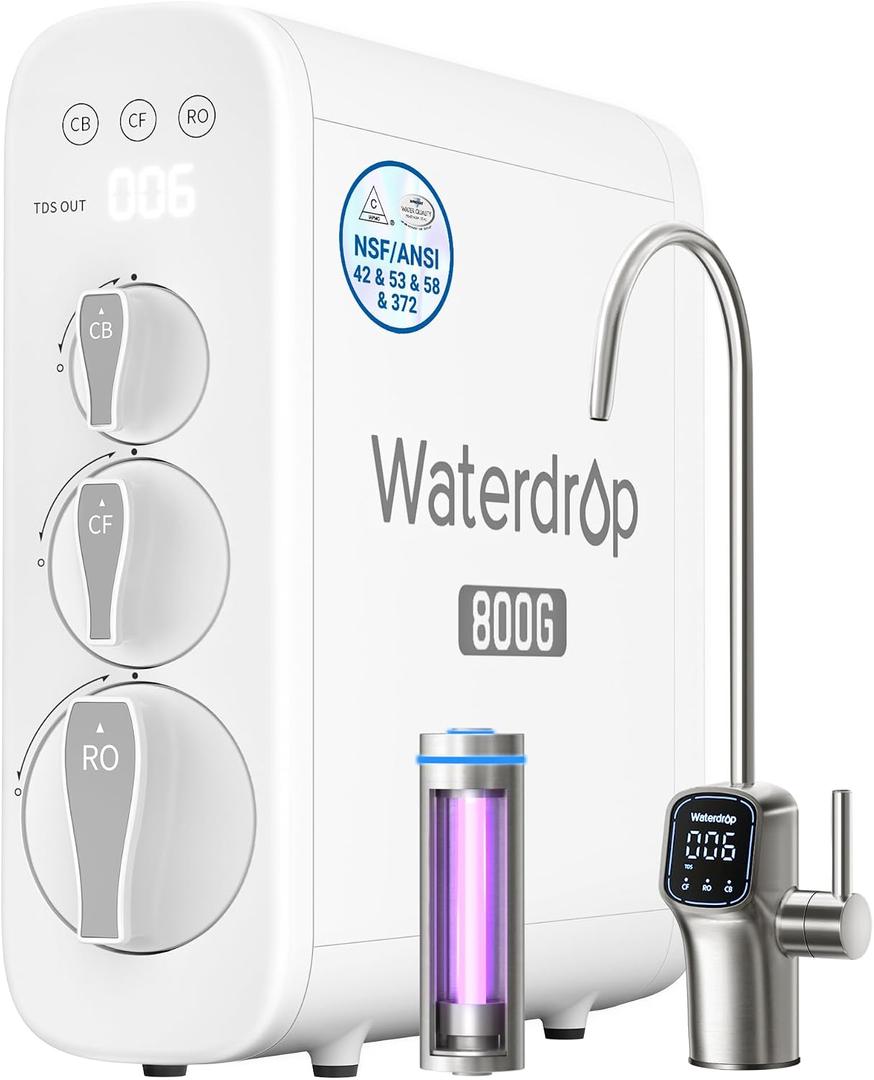 Waterdrop G3P800 Reverse Osmosis System, 800 GPD Fast Flow, NSF/ANSI 42 & 53 & 58 & 372 Certified, 3:1 Pure to Drain, Tankless Under Sink RO Water Filter System, LED Purifier, Smart Faucet