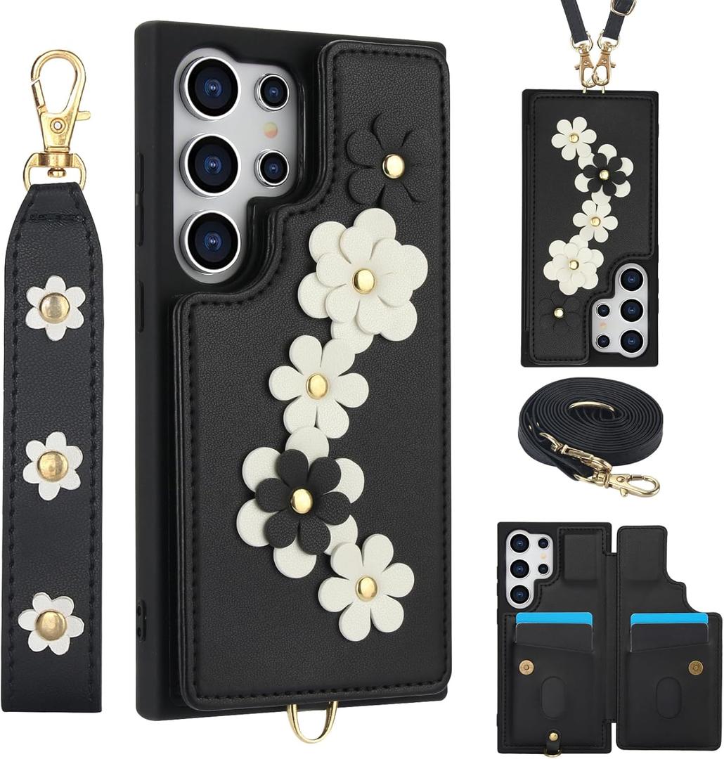 for Samsung Galaxy S25 Ultra Case with Wallet, Magnetic Snap Flip Leather Cover with Flower Design Credit Card Holder Stand WristbandSamsung S25 Ultra Protective Phone Case for Women (Black)
