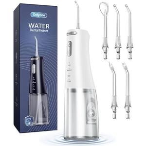 Onlyone Water Dental Flosser, 300ML Portable Oral Irrigator for Teeth, 4 Modes and 5 Jet Tips,Rechargeable Irrigation Cleaner,Electric Flossing Machine Power Flossers & Irrigator Accessories White