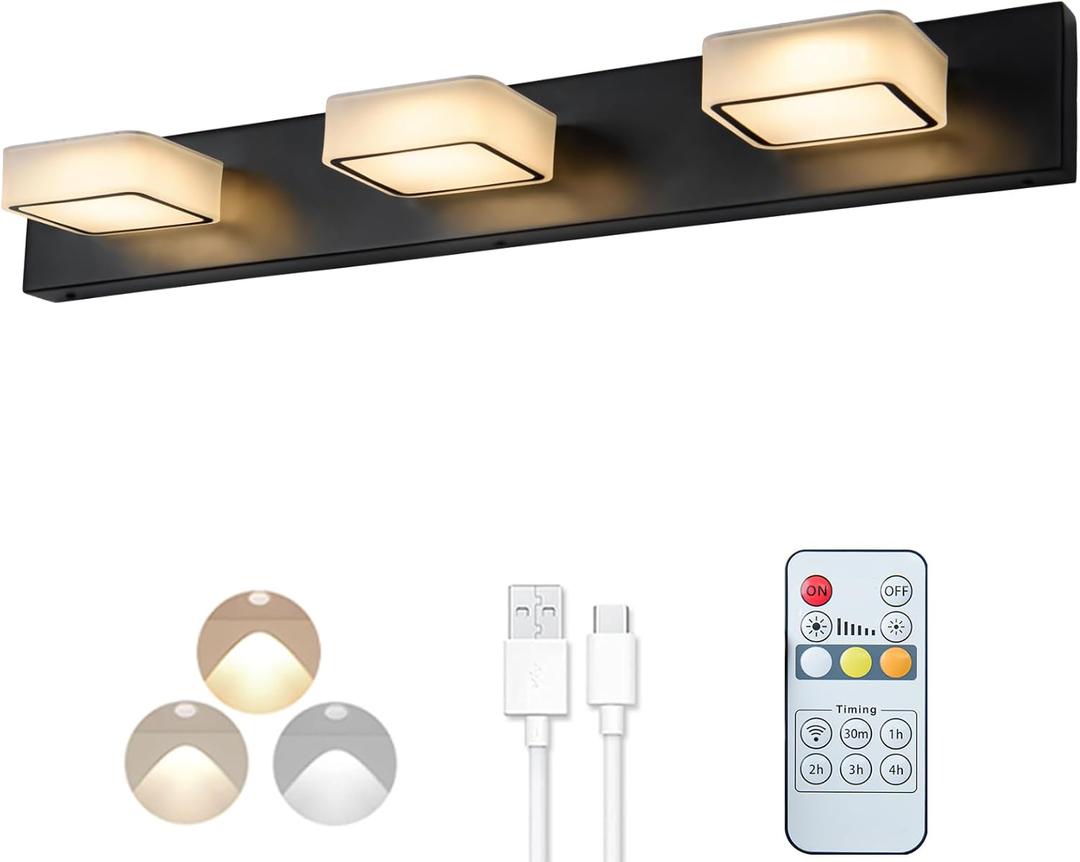 Megastar Rechargeable Battery Operated Vanity Light, Remote Control, 3CCT, 60W Equivalent Acrylic Matte Black Bathroom Vanity Lights Over Mirror, 3 Lights,Non-Hardwired/Power Outage,21.6Inch