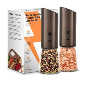 Rechargeable Electric Salt and Pepper Grinder Set, Automatic Gravity Mill with Adjustable Coarseness, Brushed Stainless Steel, Ceramic Blades and Refillable Glass (Bronze grinder - 2 units)