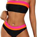 ZAFUL Women's High Cut Bandeau Bikini Set Strapless Solid Color 2 Pieces Bathing Suit Swimsuit (Large, 5-black Red)