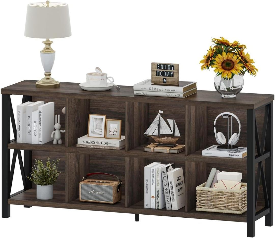 FATORRI 8 Cube Storage Organizer Bookshelf, 62 Inch Rustic Wood Horizontal Bookcase, Farmhouse Cube Long Book Shelf, TV Console Stand for Living Room (Dark Walnut)