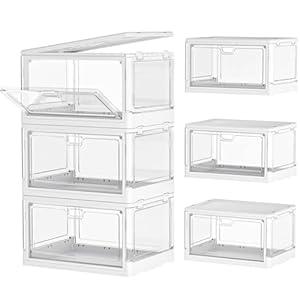 Kmiectse Clear Storage Bin with Lid 3 Pack 【Stackable & Sturdy】 Plastic Multifunctional Folding Storage Bins for Bedroom, Living Room, Study, Toy Room, 23 QT Folding Box with Magnetic door