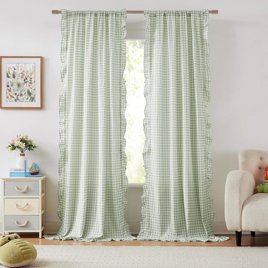 ZJDECOR 90 Inches Buffalo Plaid Curtain Panels for Kidsroom,Sage Green Farmhouse Not-See-Through Sheer Ruffle Drapes,Shabby Chic Window Treatment for Bedroom Living Room,Rod Pocket,40" Wx90 Lx2