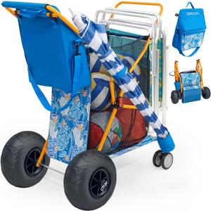 Old Bahama Bay Heavy Duty Beach Cart with 9 Balloon Wheels, All-Terrain Sand Wagon Replacement, Inflatable Big Wheels for Soft Sand, Foldable Beach Gear Carrier with Cooler & Umbrella Holder, 100lbs