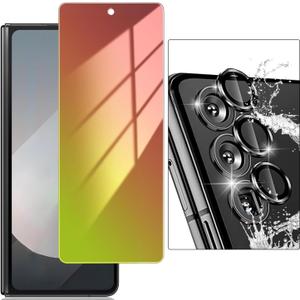CYCFAIML for Samsung Galaxy Z Fold 5 Screen Protector, Gradient Colorful Privacy Anti Blue Light Tempered Glass Front Screen Protector with Rear Metal Camera Lens Protector, Bubble Free Anti Scratch