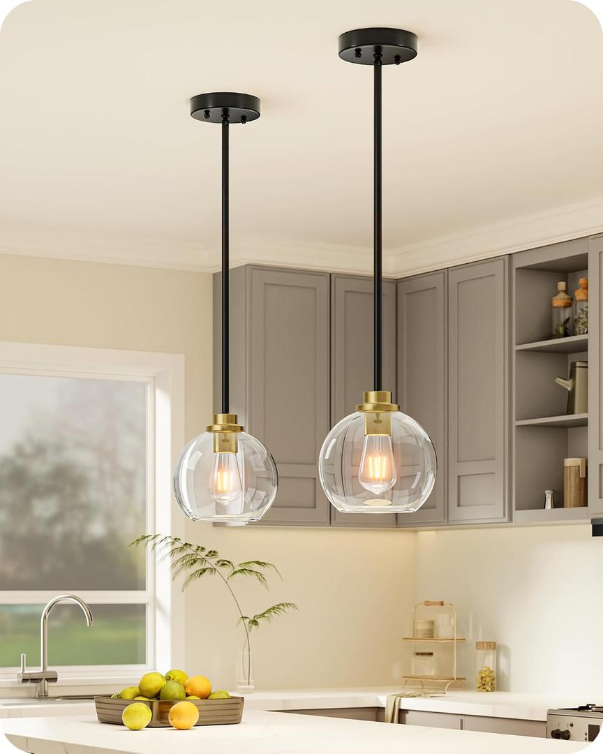 EDISHINE Mid Century Kitchen Pendant Lighting Over Island 2 Pack, Clear Glass Globe Shade, Hardwired Black and Gold Adjustable Hanging Light Fixtures for Dining Room, Entryway