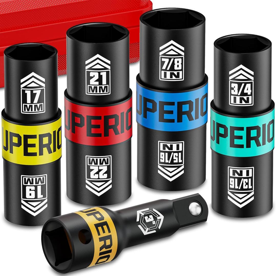 1/2" Drive Lug Nut Impact Socket Set, 5 Pcs Impact Sockets, Flip Socket Set, Thin Wall Nut Sockets with 3" Extension Bar, Remove Bloated Warped, Damaged Lug Nuts (5PCS Metric&SAE)