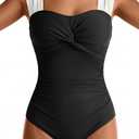 Womens One Piece Swimsuits Tummy Control Twist Front Bathing Suits Full Coverage Swimsuit Wide Straps Swimwear (Black, M)