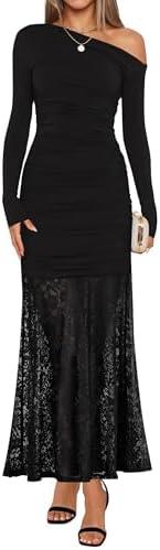 ZESICA Women's Long Sleeve Off Shoulder Bodycon Dresses Fall 2025 Ruched Lace Wedding Guest Cocktail Formal Maxi Dress Black Large