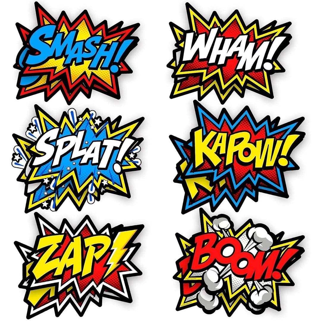 Bigtime Signs 12 Pieces Super Hero Stickers - Superhero Party Decorations for Birthday - Superhero Themed Party Favors - 12"x16" Sound Effect Signs for Kids - Boom Pow Sign and Decorations
