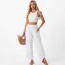 Lepunuo Womens Wide Leg Pants Palazzo High Waisted Smocked Trousers Summer Beach Casual Travel Pants 2026 with Pockets (White, XL)