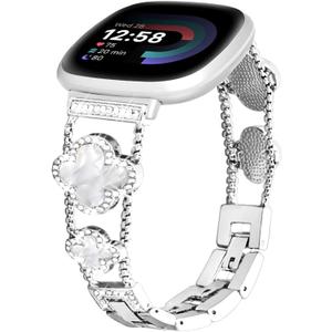 for Metal Bands, Compatible with Fitbit Versa 4/Versa 3/Fitbit Sense 2/Sense Band Smart Watch, Diamond Four Leaf Clover Stainless Watch Strap for Women (Silvery/White)