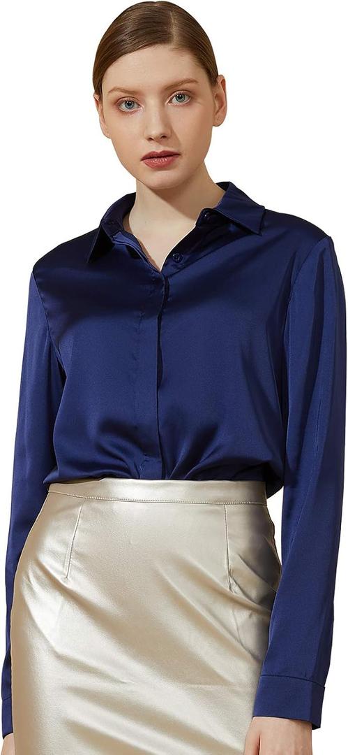 Escalier Women's Silk Blouse Long Sleeve Satin Button Down Shirt Casual Work Office Silky Blouse Top (Small, Navy)