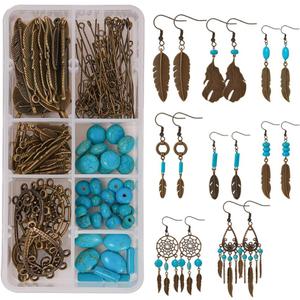 SUNNYCLUE 1 Box DIY 8 Pairs Bohemian Feather Dream Catcher Earring Making Kit Antique Bronze Feather Charm Connector, Turquoise Gemstone Beads, Earring Hooks Jewelry Supplies Beginners, Instruction