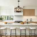Farmhouse Hanging Pendant Light, 6-Light Kitchen Chandelier with Metal and Wood Frame, Rustic Cylindrical Ceiling Lamp for Dining Room, 59 Inch Adjustable Chain for Flat and Sloped Ceiling, E26