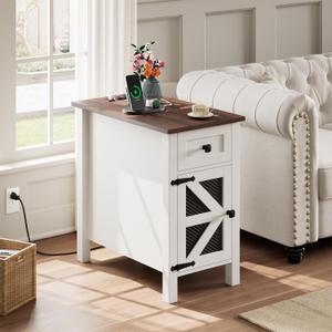 HAIOOU Farmhouse End Table with Charging Station, Narrow White Side Tables with Storage Cabinet and Drawer, Wood Nightstand with Power Outlets & USB Ports for Bedroom, Living Room (23.6"D x13.8"W x 23.6"H)