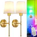 Depuley Battery Operated Wall Sconce: Set of 2 19.99" Wireless Wall Lights with Remote for Bedroom - Rechargeable 15 Colors Gold Wall Lamp for Living Room Hallway Decor