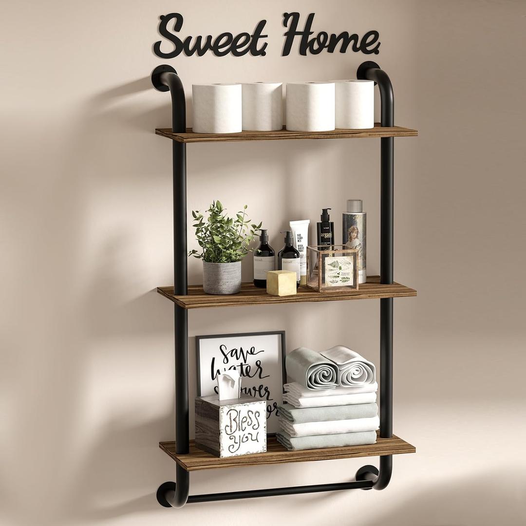 Bathroom Shelves Wall Mounted, 3-Tier Rustic Wood Wall Shelf, 17.3 inch Industrial Pipe Floating Shelf for Bathroom,Kitchen,Bedroom,Living Room,Brown