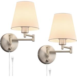 VONLUCE Wall Sconce Set of 2, Plug in & Hardwired Swing Arm Wall Lamps, Adjustable Wall Mounted Lighting Fixtures, Modern Wall Lights with Nickel Base White Fabric Shade for Bedside, Hallway, Study