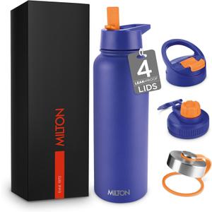 Milton 40 Oz Insulated Water Bottle With Leakproof 4 Lids, Stainless Steel Double Walled Vacuum Insulated Thermos, 12 Hour Hot, 24 Hrs Cold, Metal Travel Thermal Mug for Sports, Gym, Flassio, Blue