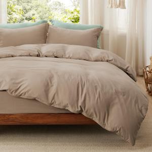 Bedsure Duvet Cover Queen Size with Fitted Sheet - 4 Pieces Prewashed Cotton-Like Polyester Extra Soft Bedding Set, Includes 1 Duvet Cover 90x90 Inches, 2 Pillow Shams, 1 Fitted Sheet, Light Brown
