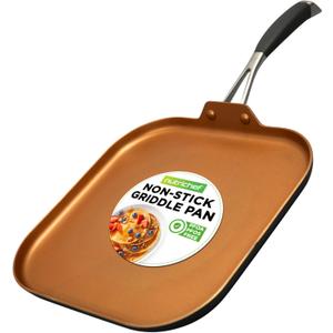 NutriChef Copper Pan Non-Stick Coating Inside, Hard-Anodized Look Heat Resistant Lacquer Outside, Silicone Handle NCSQPA, 1 Griddle
