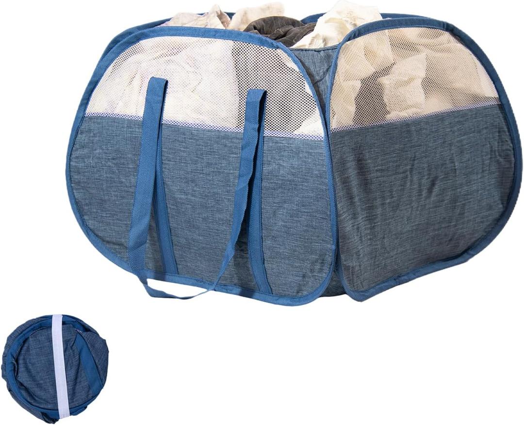 Collapsible Laundry Basket, 90L Foldable Pop-up Laundry Hamper with Reinforced Handles, Tear Proof Mesh Dirty Clothes Hamper for Laundry (Blue)