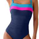 Eomenie Women's One Piece Swimsuit Tummy Control Ruched Bathing Suit Full Coverage Slimming Swimwear Color Block Swim Suit (Medium, Blue-Pink-Royal Blue)
