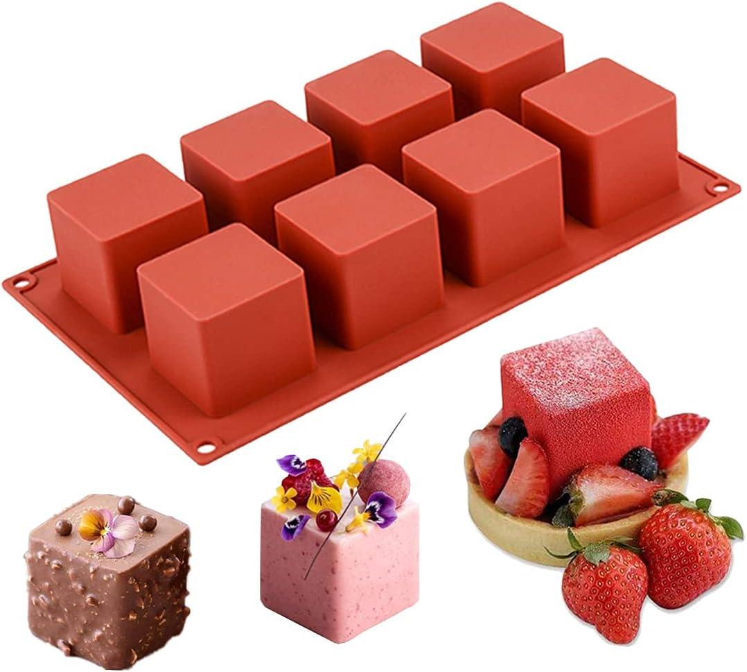JOERSH Cube Cake Silicone Mold | 2" x 2" x 2" 3D Square Mini Mousse Cake Baking Mold, French Dessert Molds for Chocolate, Jello, Brownie Bites, Ice Cream Cube, 8-Cavity (1 Pc: 8 Cups, 2x2x2 Inch)