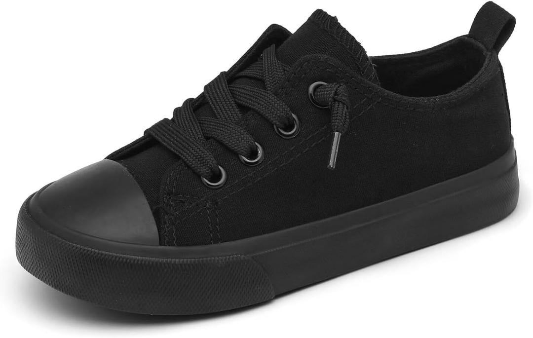 Toddler Little Kid Cushioned Canvas Shoes Slip On Sneakers Soft and Durable (All Black)