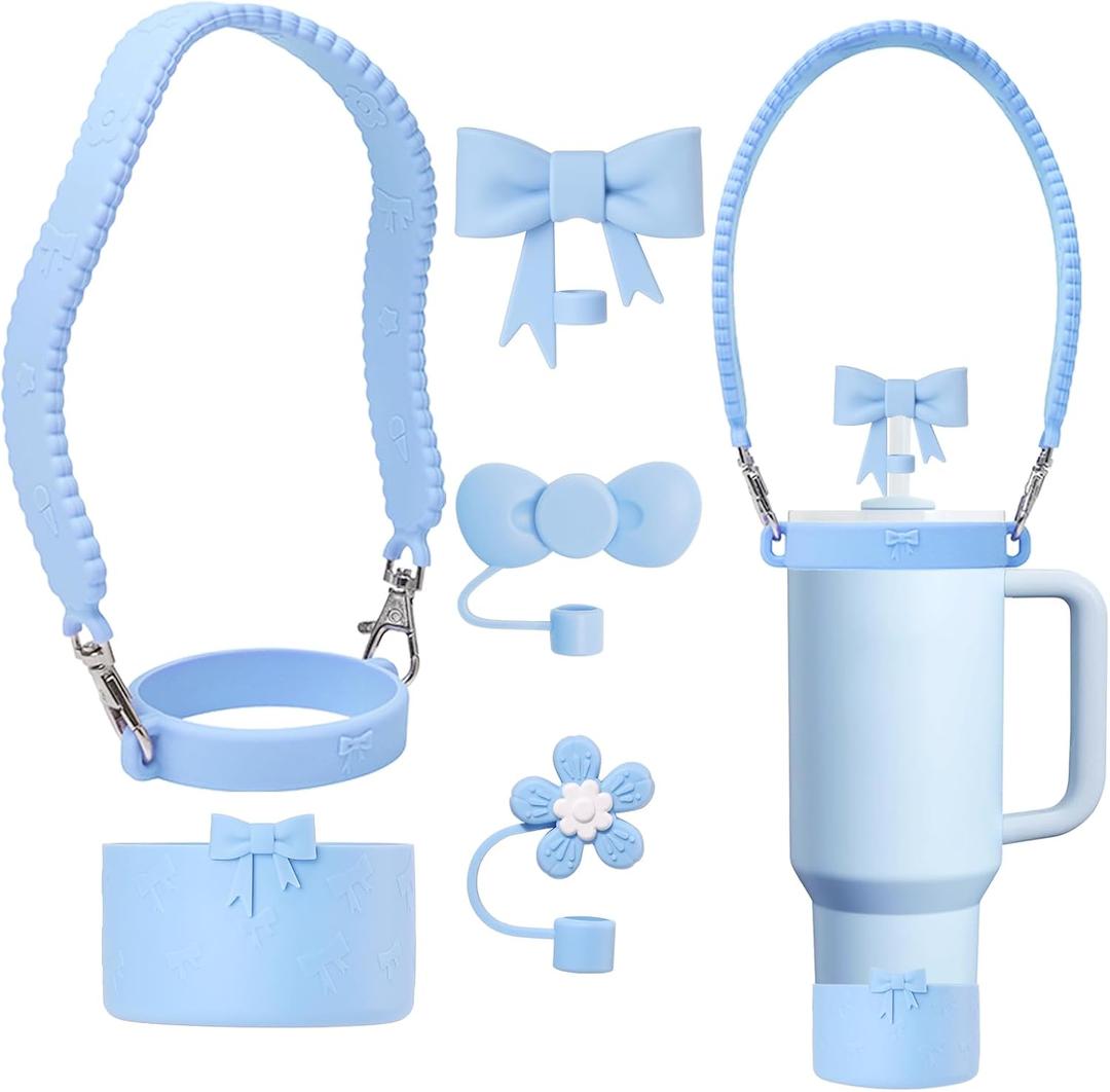 Stanley Cup Silicone Bow Accessories Set Including Water Bottle Handle Strap,Reusable Cute Straw Covers Toppers and Boot,Tea Strainer,Compatible with Stanley 40oz & 30oz Tumbler (Blue)