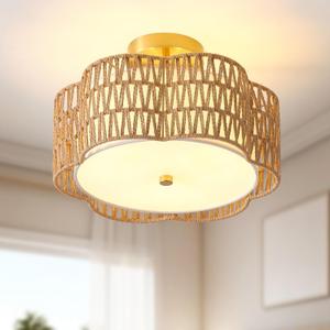 13.6" Boho Light Fixtures Flush Mount, 3-Light Rattan Ceiling Light Fixtures Flush Mount Gold for Bedroom, Flower-Shaped Close to Ceiling Light Fixture for Hallway Kitchen Dining Room (Brown)