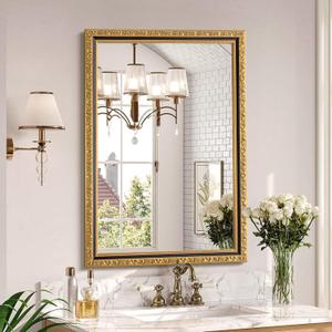 Vintage Black Gold Bathroom Mirror, 28 x 40 Inch Baroque Wall Mirror