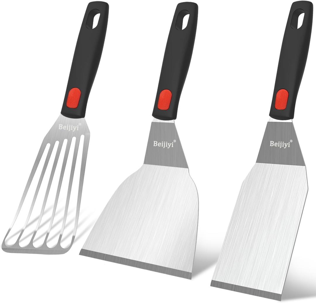 Beijiyi 3-Piece Metal Spatula for Cast Iron Skillet, Sturdy Stainless Steel | Heavy Duty, Heat Resistant Silicone Handle, Beveled Edges, Turner Flipper for Kitchen Use, Flipping, Cooking, Dishwasher Safe