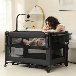 5 in 1 Pack and Play, Baby Bassinet Bedside Sleeper, Baby Playard, Bedside Crib with Changing Table, Foldable Travel Playard for Newborn to Toddles (Black)