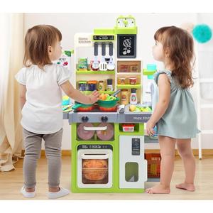 HOLYFUN Kids Kitchen Playset, Kitchen Set for Toddler with Sound and Light, Cooking Stove with Steam, Play Sink and Toy Kitchen Accessories, Pretend Kitchen Toys for Kids Girls Boys, Green