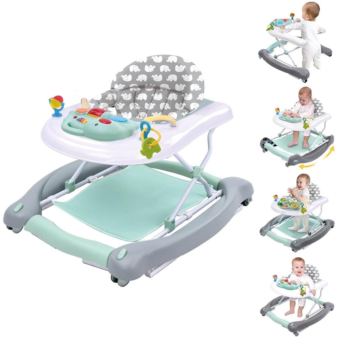 5 in 1 Foldable Baby Walker, Activity Baby Walker-Baby Bouncer, Rocker, Activity Center,Seat and Push Walker,Detachable Trampoline Mat, Adjustable Speed Rear Wheels and Height,Ages 6-18 Months(Mint)