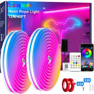 Cozylady RGB Neon LED Rope Lights, Waterproof Bluetooth APP Remote Control Music Sync Strip Lights, 24V Flexible DIY Silicone Light for Bedroom Home Indoor Outdoor Decor (12M/40Ft)