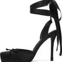 Satin Ballet Heels for Women Closed Square Toe Bow Ballerina Heels Lace Up High Heel Slingback Pumps Strappy Stiletto Mary Janes Elegant Party Shoes (8, Black)