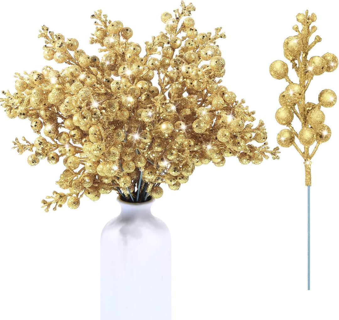 Geosar 36 Pcs Christmas Glittered Berries Stems 7.9 Inch Artificial Berries Sprays Branches Floral Pick for Christmas Tree Ornament, DIY Xmas Wreath, Crafts, Home Decor(Gold,Pure Color)