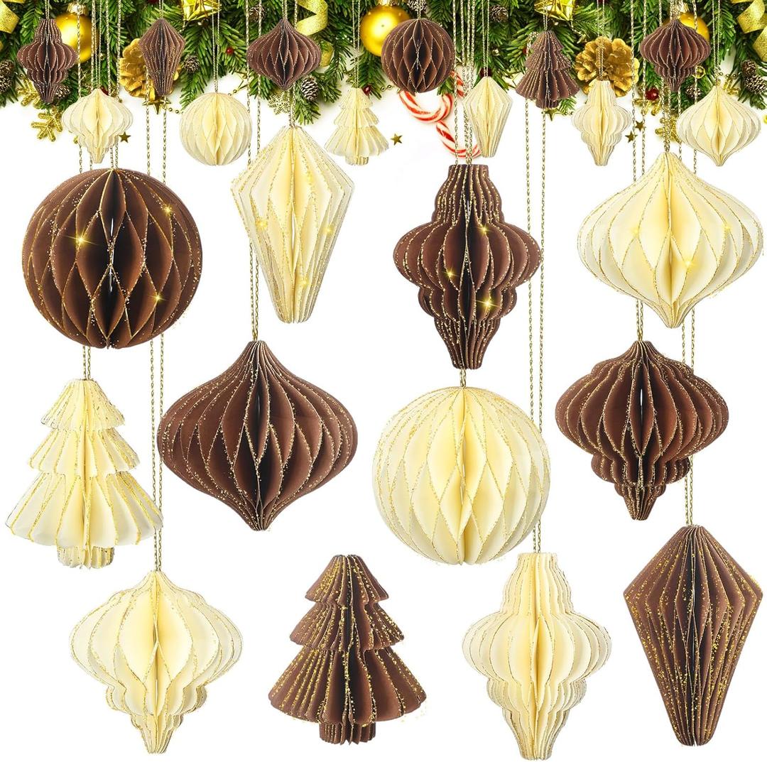 Hungdao 12 Pcs Christmas Hanging Ornaments Paper Honeycomb Balls Hanging Ornament Khaki Pom Poms Decorative 3D Mini Glitter Edge Paper Honeycomb Ornament for Christmas Tree Xmas Home Decor(Brown)
