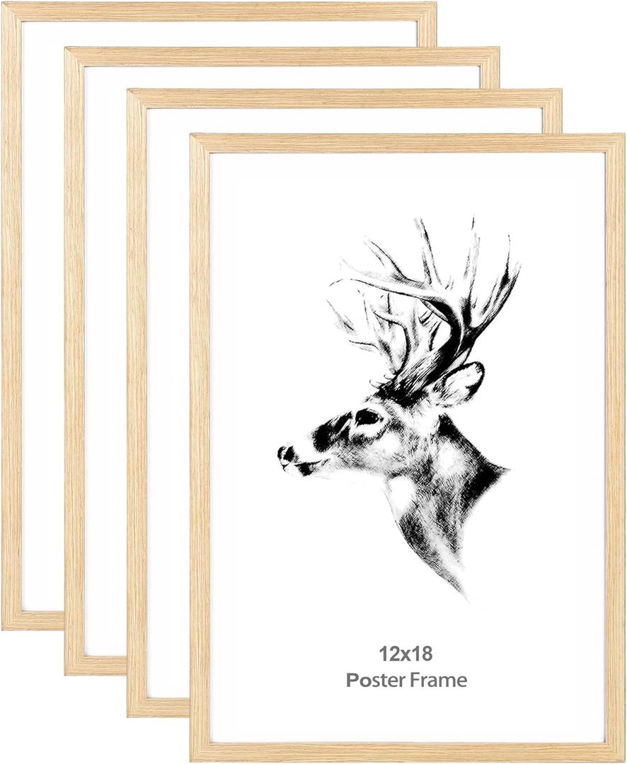 Yaetm 12x18 Frame Set of 4, Natural Solid Oak Wood Picture Frame 12 x 18 for Photos, Posters & Art Prints, Horizontal and Vertical Wall Mount (4 pack, Oak)
