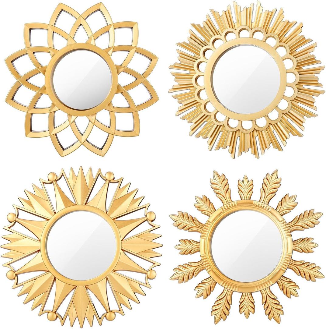 Namalu 4 Pcs Sunburst Mirror for Wall Decor, Small Circle Sun Espejos Decorative Mirror Hanging for Art Entryway Home Decor Bathroom Bedroom Living Room(Elegant,Gold)
