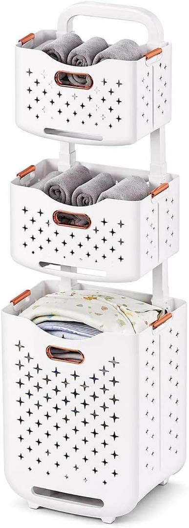 Collapsible Laundry Basket Organizer, 3-Tier Foldable Laundry Sorter with Wheels & Wall Mount, Space-Saving Slim Laundry Hamper with Removable Bins,100L Capacity for Bathroom, Dorm & Small Spaces