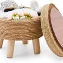 Cpintltr Storage Ottoman Poufs Handwoven Footstool Natural Seagrass Round Footrest Stool with 4 Wood Legs Soft Padded Outdoor Seat for Hallway Lounge Bedroom Garden